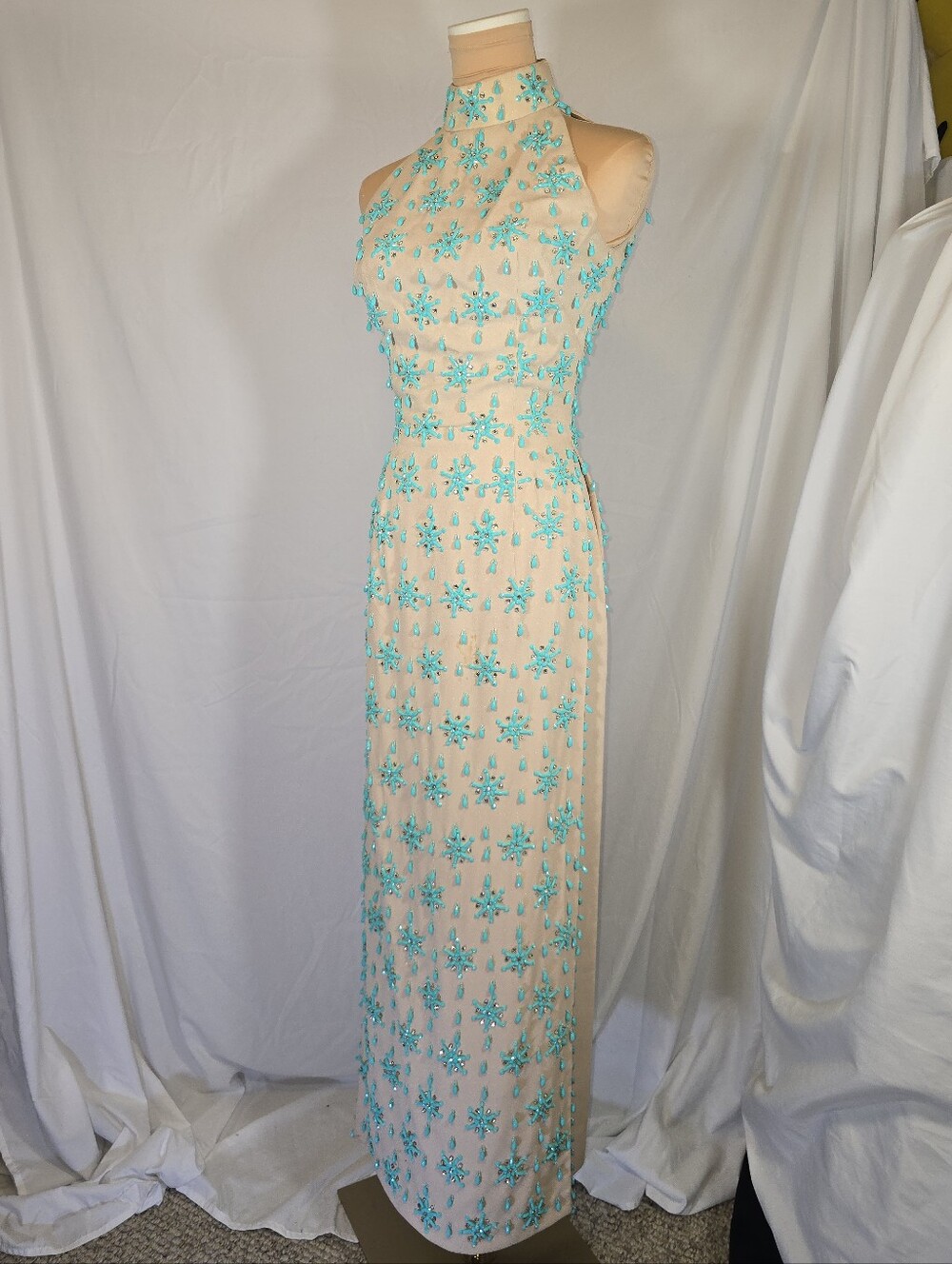 Vintage Nude Maxi Dress with Beaded Aqua Floral Accents
